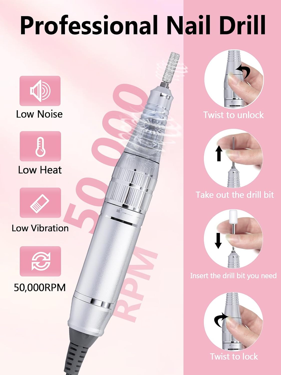 Pink 50,000 RPM cordless electric nail drill with LCD and bit kit - 2