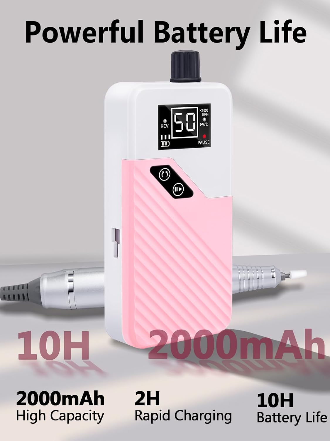 Pink 50,000 RPM cordless electric nail drill with LCD and bit kit - 3