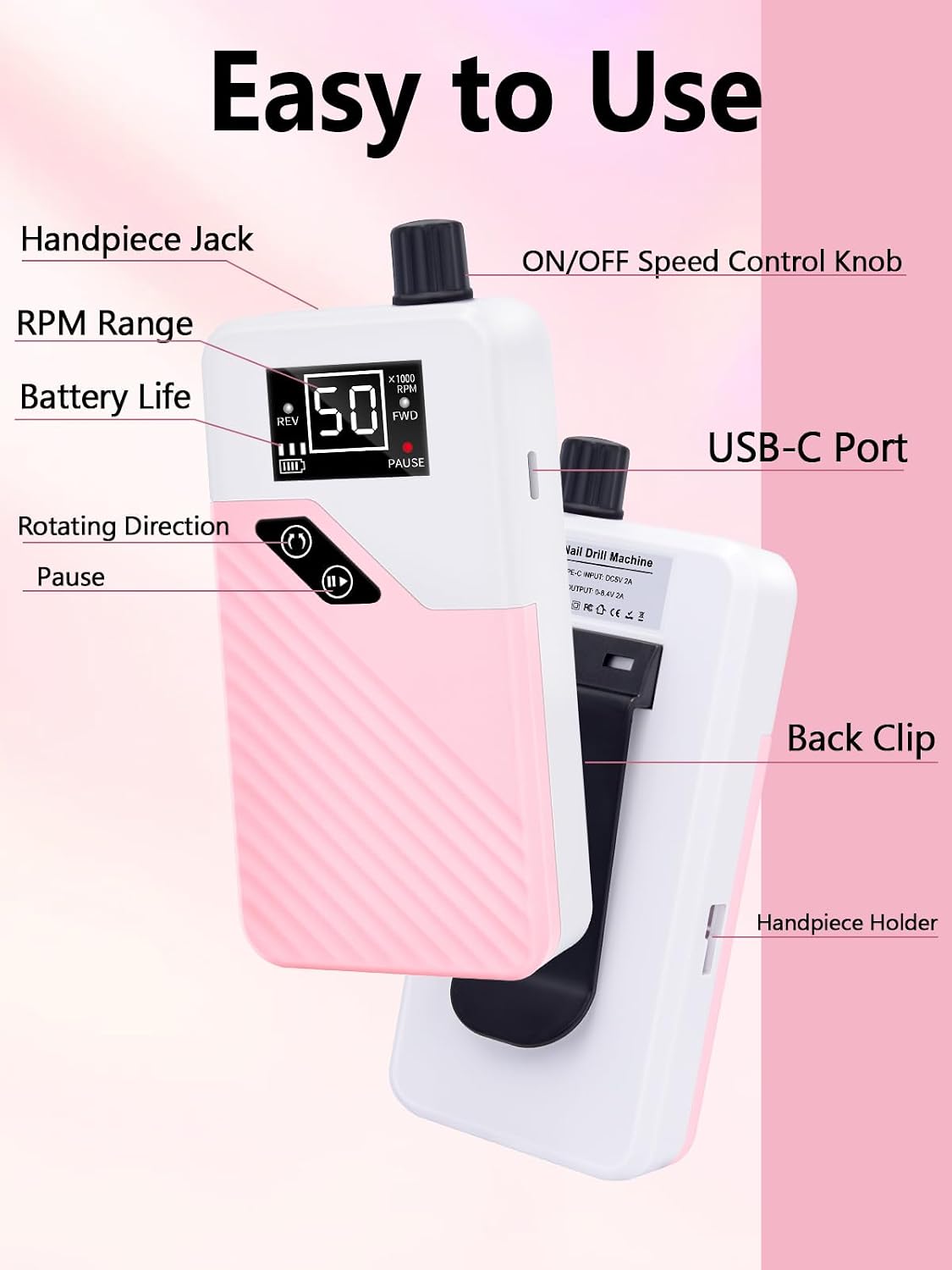 Pink 50,000 RPM cordless electric nail drill with LCD and bit kit - 4