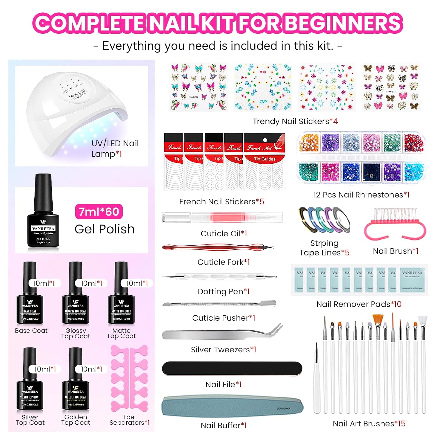 VANREESA complete nail kit showing 60 gel polish bottles, three acrylic powders, LED nail lamp, nail drill, and 500 half-cover tips - 2