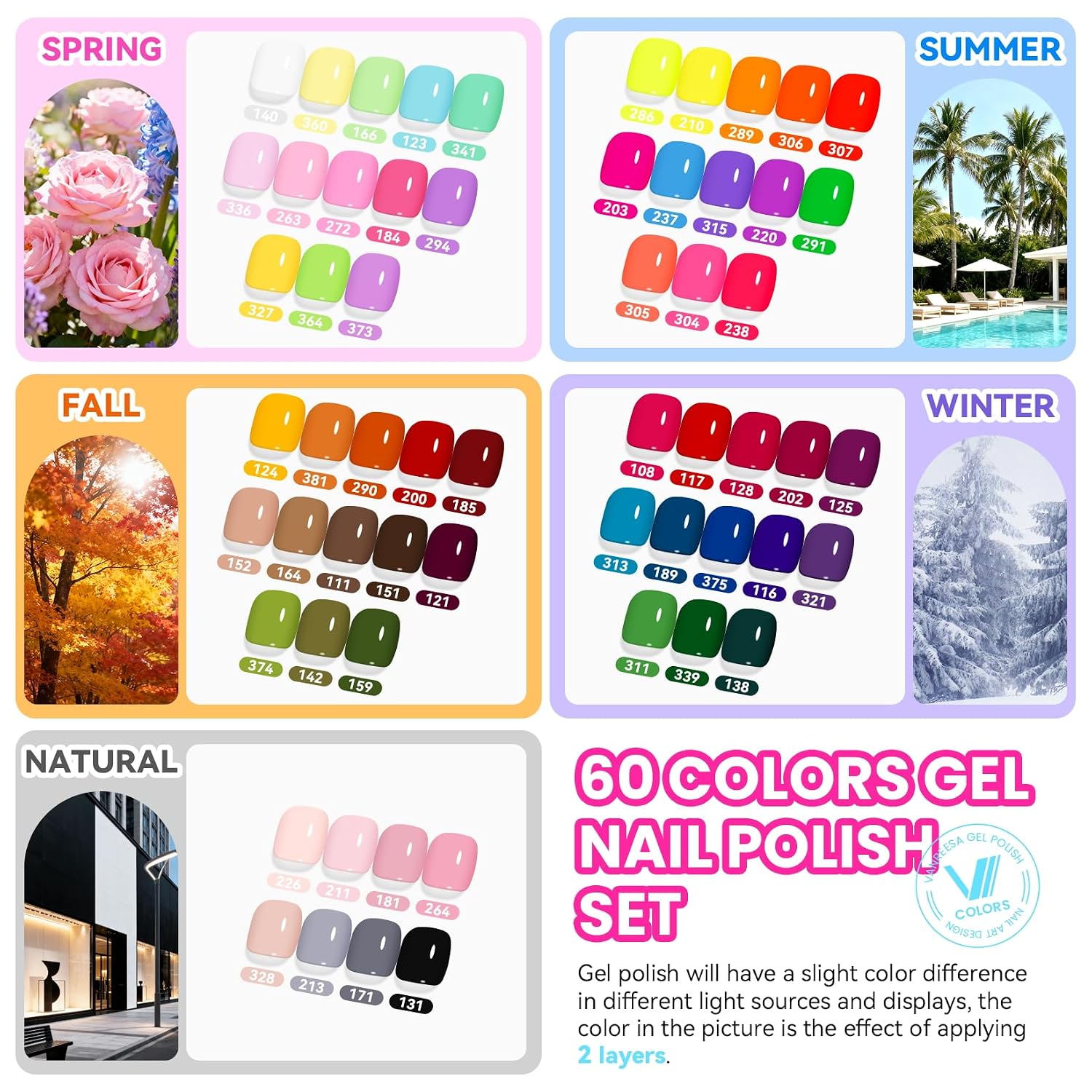 VANREESA complete nail kit showing 60 gel polish bottles, three acrylic powders, LED nail lamp, nail drill, and 500 half-cover tips - 3
