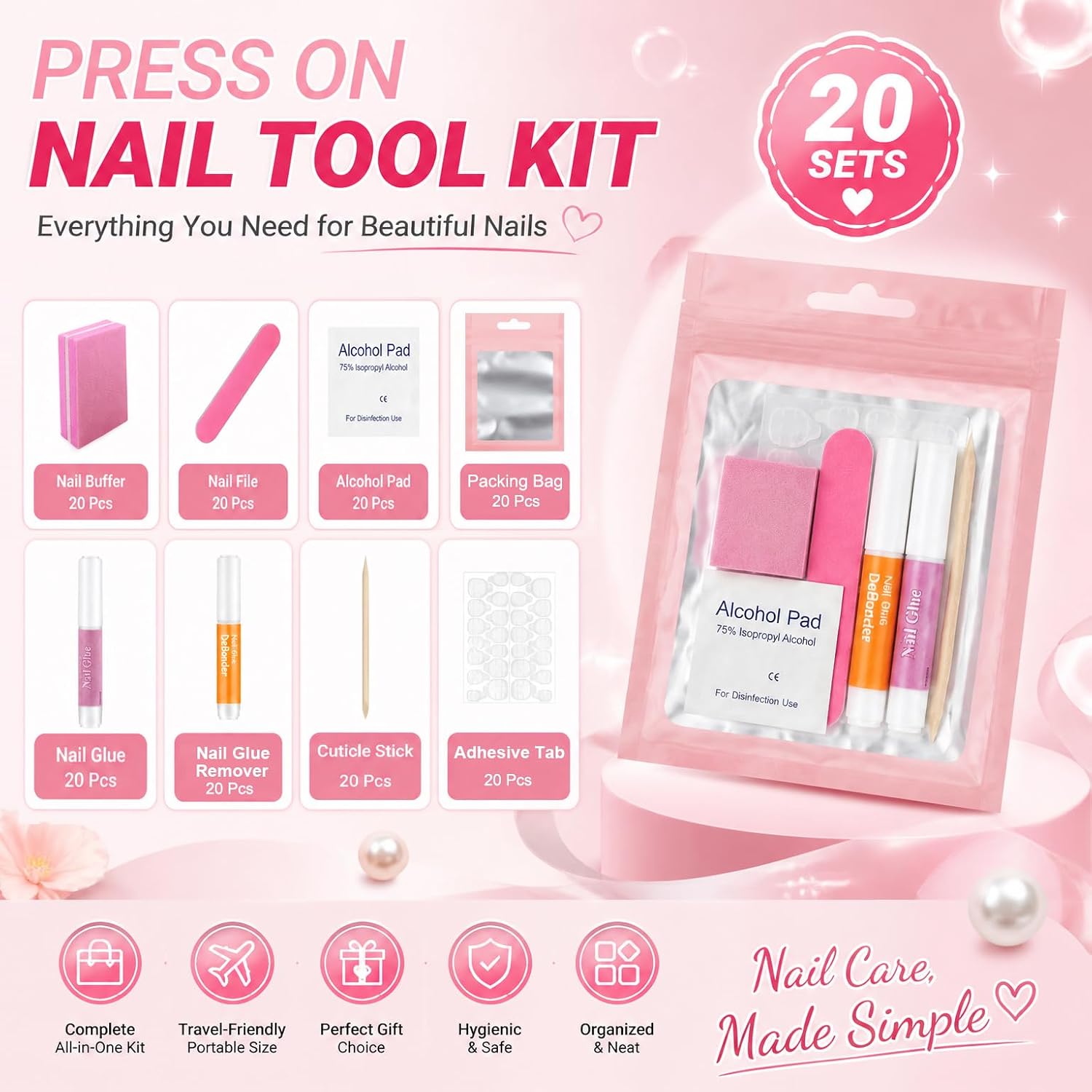 Missicee disposable press on nail kit showing holographic bags, mini files, buffers, adhesive tabs, mini glue, glue remover, nail sticks and prep pads - 2