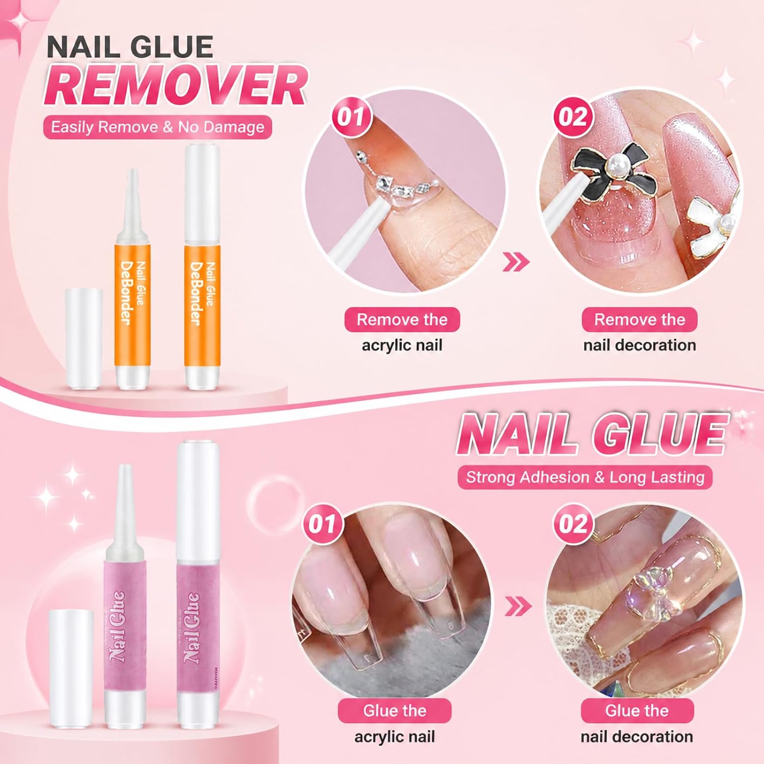 Missicee disposable press on nail kit showing holographic bags, mini files, buffers, adhesive tabs, mini glue, glue remover, nail sticks and prep pads - 3