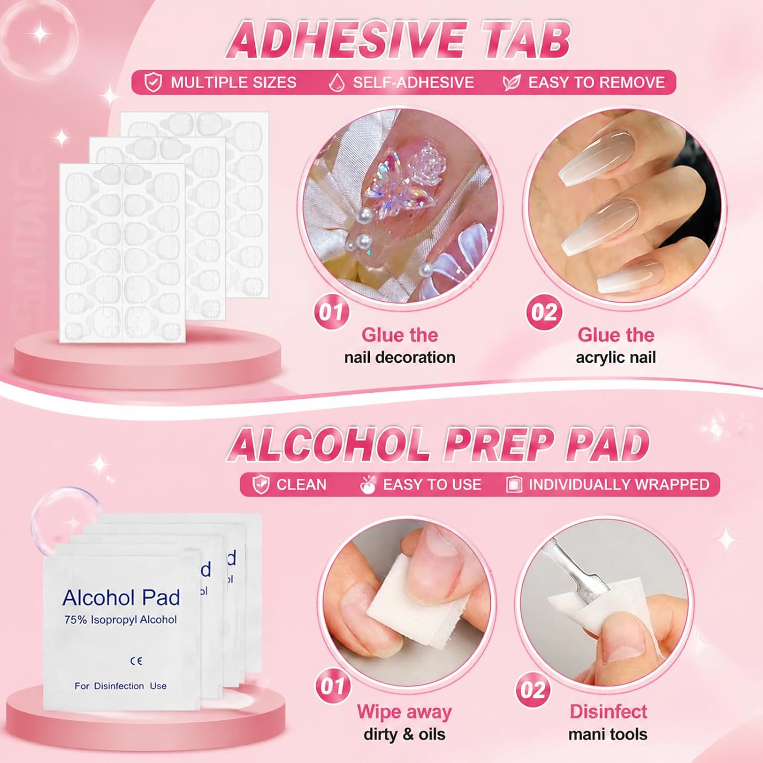Missicee disposable press on nail kit showing holographic bags, mini files, buffers, adhesive tabs, mini glue, glue remover, nail sticks and prep pads - 4