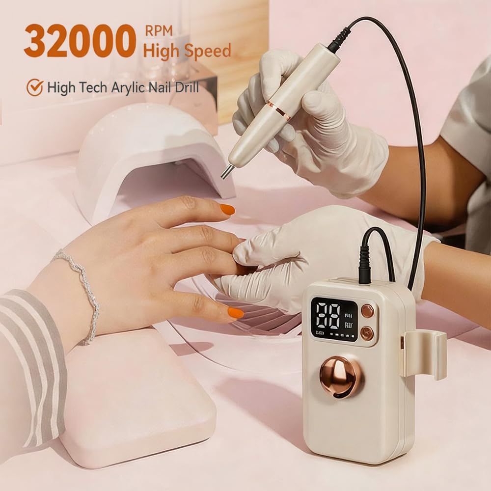 White rechargeable electric nail drill with LED screen and 12-piece bit set - 2