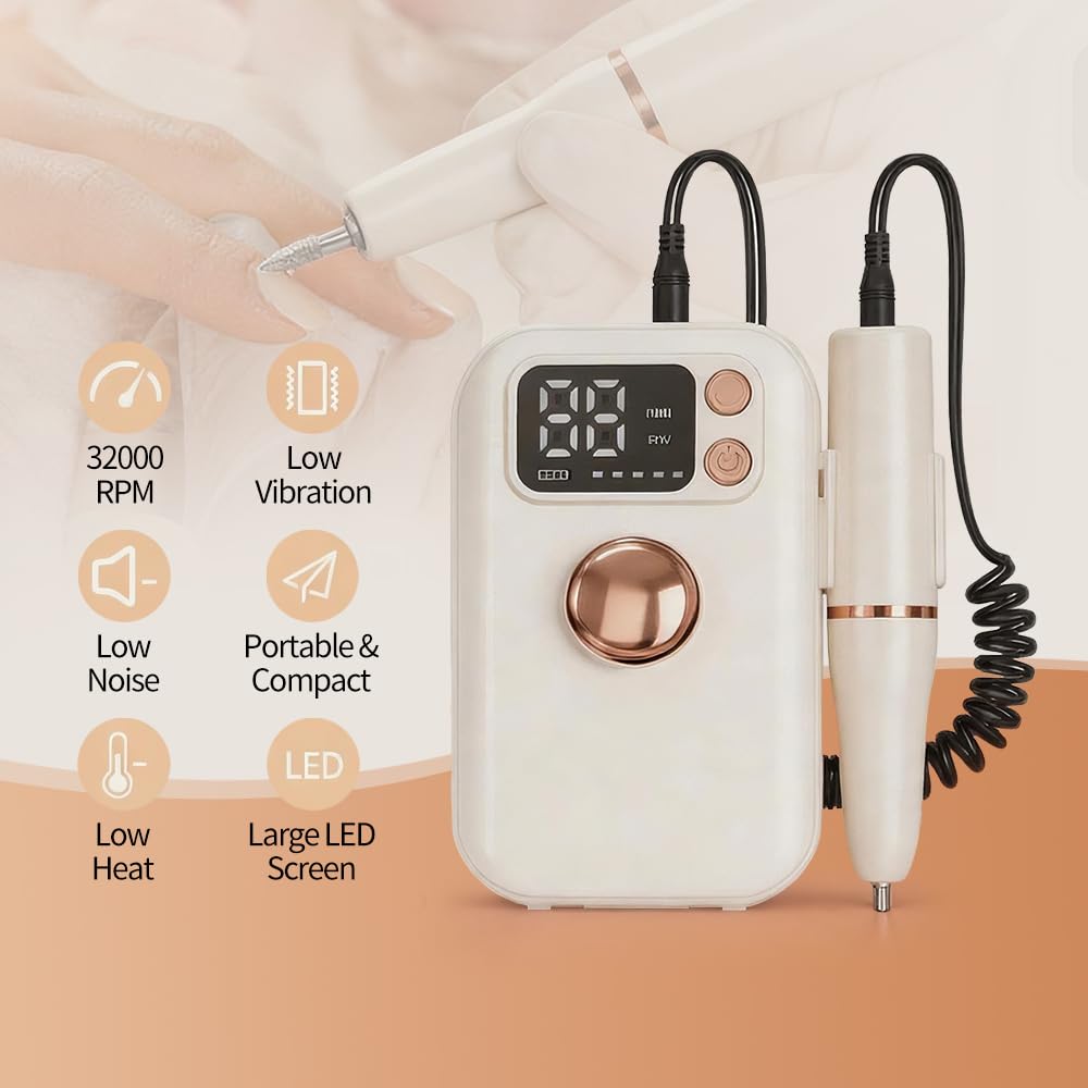 White rechargeable electric nail drill with LED screen and 12-piece bit set - 3