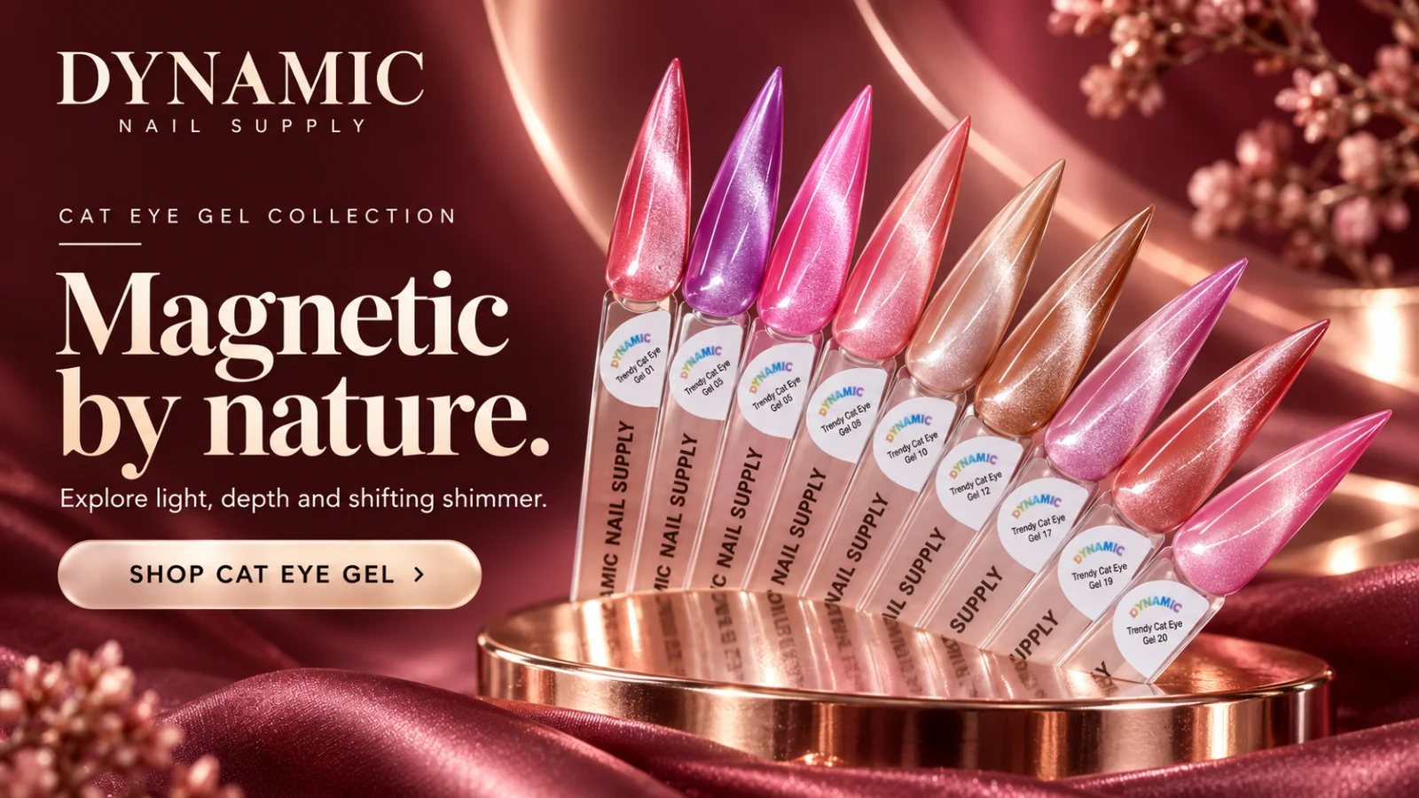 Cat eye gel collection – magnetic pink, violet, rose and champagne cat eye gel swatches