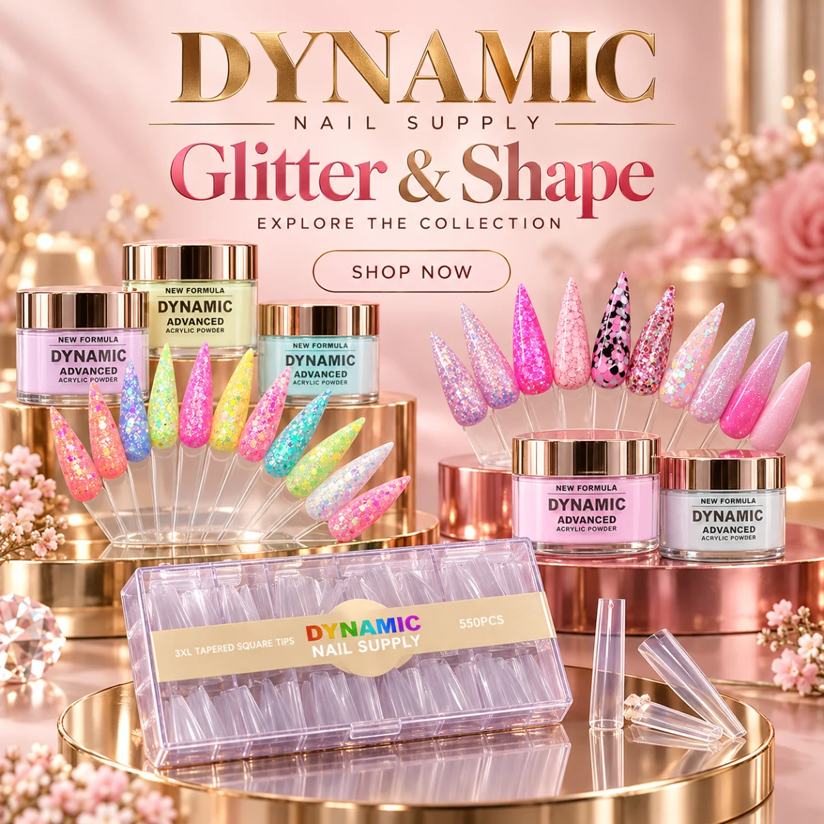 Glitter & Shape – glitter acrylic powders with 3XL tapered square tips