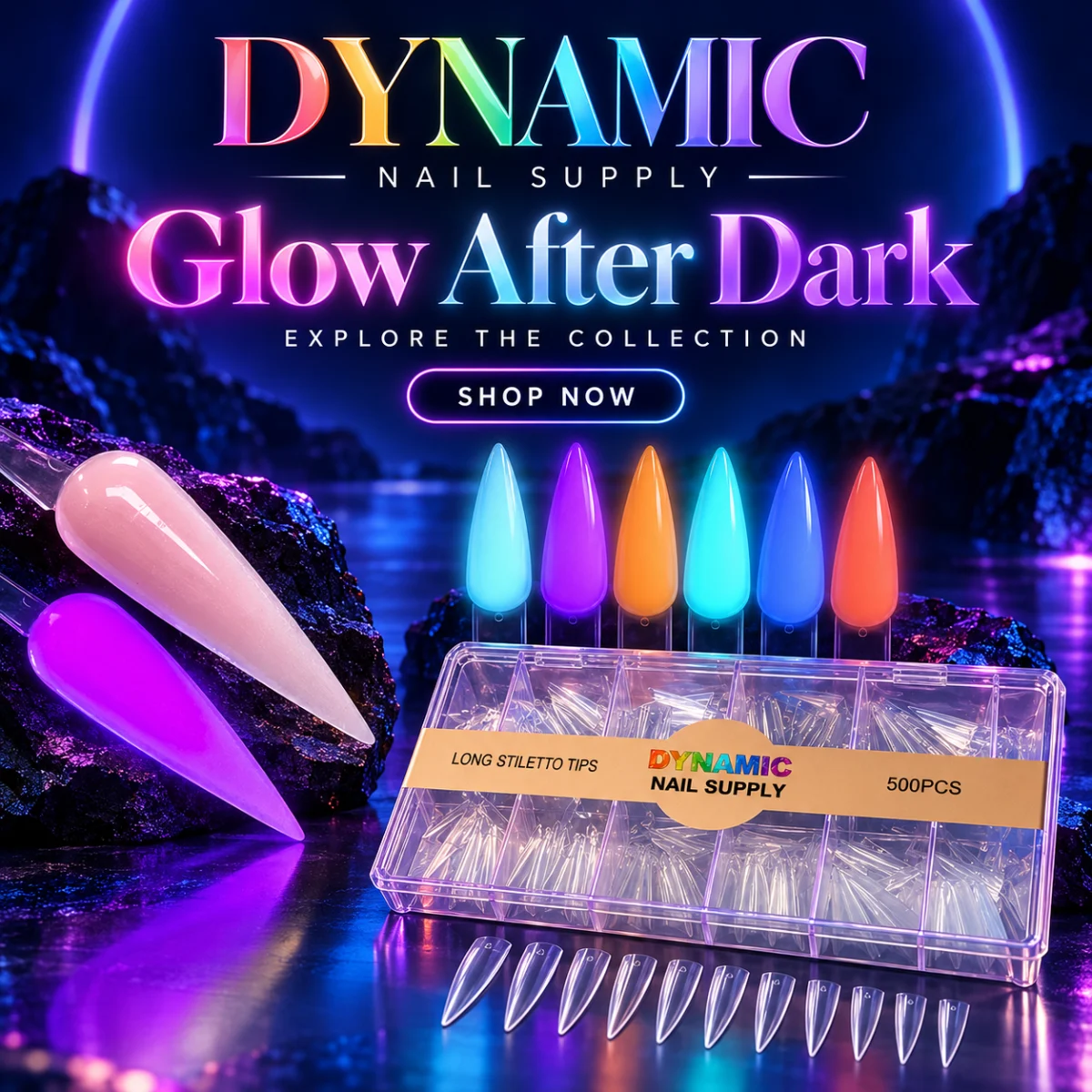 Glow After Dark – glow-in-the-dark acrylic swatches with long stiletto tips