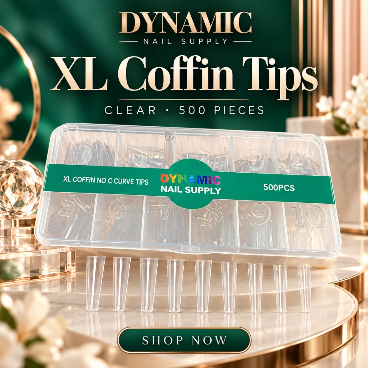 XL coffin no C-curve clear nail tips, 500 pieces